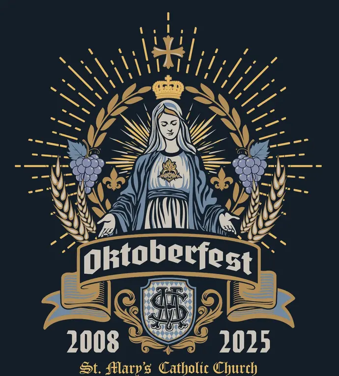 St. Mary’s Oktoberfest artwork featuring Mary, wheat, grapes, and festival branding