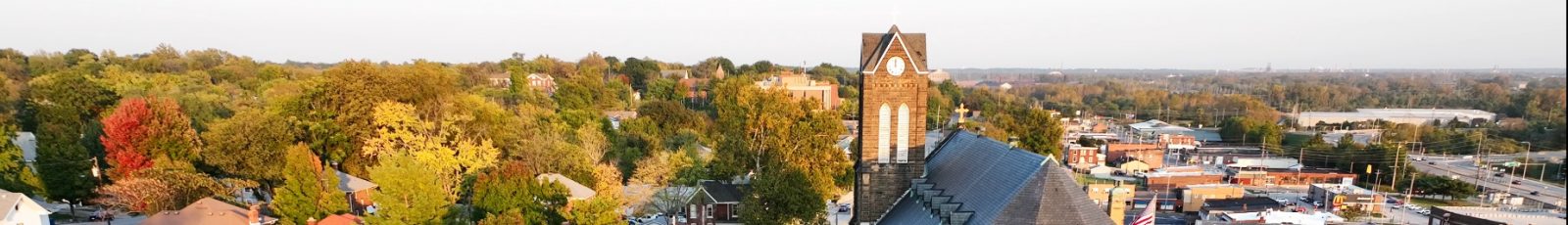 Aerial view of St. Mary’s Church and the Alton riverfront